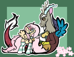 Size: 4000x3108 | Tagged: safe, artist:pastel-pony-princess, discord, fluttershy, butterfly, draconequus, pegasus, pony, alternate design, bell, bell collar, bridle, cat bell, clothes, collar, discoshy, female, femsub, flutterpet, hairclip, leash, male, maledom, pet tag, shipping, socks, spread wings, stockings, straight, striped socks, submissive, tack, thigh highs, wings