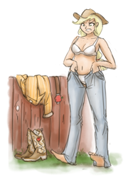 Size: 900x1250 | Tagged: safe, artist:king-kakapo, applejack, human, barefoot, belly button, belt, boots, bra, clothes, dressing, feet, humanized, jeans, panties, sketch, solo, underwear, white underwear