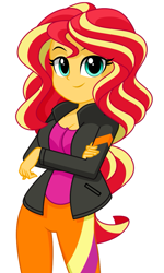 Size: 681x1135 | Tagged: safe, artist:rosemile mulberry, sunset shimmer, equestria girls, clothes, crossed arms, cute, female, jacket, pants, shimmerbetes, simple background, smiling, solo, white background