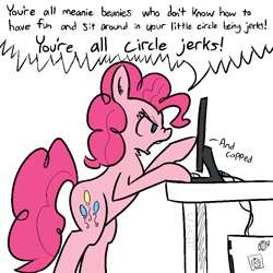 Size: 864x864 | Tagged: safe, artist:visiti, pinkie pie, earth pony, pony, /mlp/, 4chan, bipedal, computer, desk, monitor, rage, slice of life, solo, yelling