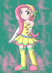 Size: 1240x1754 | Tagged: safe, artist:carol-aredesu, fluttershy, human, abstract background, beyblade, clothes, crossover, dress, garter belt, gloves, humanized, long gloves, solo, standing, stockings, thigh highs, three quarter view