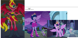 Size: 2710x1326 | Tagged: safe, edit, edited edit, screencap, spike, sunset satan, sunset shimmer, tennis match, thunderbass, twilight sparkle, twilight sparkle (alicorn), velvet sky, alicorn, demon, dog, dragon, pony, equestria girls, equestria girls (movie), background human, big crown thingy, boots, clothes, comparison, crown, dress, element of magic, fall formal outfits, high heel boots, jewelry, ponied up, ponytail, reference, regalia, shoes, size comparison, sparkles, spike the dog, twilight ball dress, wings