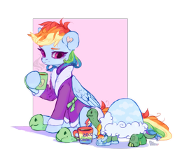 Size: 2105x1962 | Tagged: safe, artist:graypillow, derpibooru import, rainbow dash, tank, pegasus, pony, tortoise, bathrobe, clothes, coffee mug, cute, dashabetes, female, hoof hold, male, mare, mug, robe, simple background, transparent background