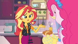 Size: 1600x900 | Tagged: safe, screencap, pinkie pie, sunset shimmer, better together, equestria girls, holidays unwrapped, bow, confused, cup, duo, duo female, egg beater, female, hair bow, kitchen, mixer, oven mitts, pan, pitcher, ramekin, souffle