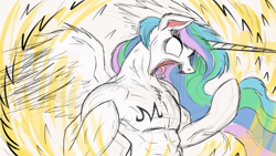 Size: 2000x1125 | Tagged: safe, artist:ncmares, princess celestia, alicorn, pony, semi-anthro, unicorn, abs, dragon ball z, majin, majin celestia, muscles, open mouth, sharp teeth, solo, spread wings, super saiyan, super saiyan princess, tattoo, teeth, trace, tracing meme, werelestia