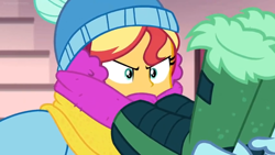 Size: 1600x900 | Tagged: safe, screencap, sunset shimmer, better together, equestria girls, holidays unwrapped, boots, clothes, covered, gloves, scarf, shoes, solo, stuffed, thick, toque