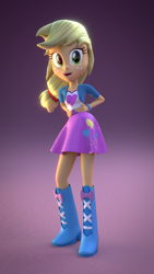 Size: 1080x1920 | Tagged: safe, artist:3d thread, artist:creatorofpony, applejack, pinkie pie, equestria girls, /mlp/, 3d, 3d model, blender, blonde, boots, bracelet, clothes, clothes swap, cute, freckles, hatless, jackabetes, missing accessory, pink, shirt, skirt, smiling, solo, who's a silly human, who's a silly pony