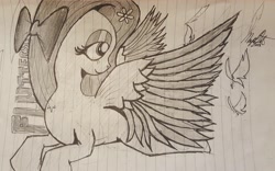 Size: 4284x2679 | Tagged: safe, artist:missmayaleanne, fluttershy, pegasus, pony, grayscale, lined paper, monochrome, solo, text, traditional art