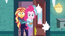 Size: 1600x900 | Tagged: safe, screencap, pinkie pie, sunset shimmer, better together, equestria girls, holidays unwrapped, clothes, coat, jacket, lantern, mailbox, snow, snowball, toque, winter outfit