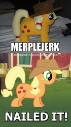 Size: 900x1607 | Tagged: artist needed, safe, editor:i-shooped-a-pwny, applejack, image macro, irl, meme, merplejack, nailed it, photo, plushie