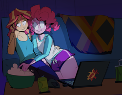 Size: 1280x994 | Tagged: safe, artist:cassettepunk, pinkie pie, sunset shimmer, equestria girls, computer, female, laptop computer, lesbian, shipping, sunsetpie