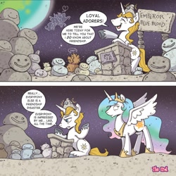 Size: 1364x1366 | Tagged: safe, artist:katiecandraw, idw, bunny (pet), prince blueblood, princess celestia, alicorn, pony, unicorn, spoiler:comic, spoiler:comicdeviations, earth, insanity, moon, space