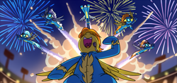 Size: 1005x475 | Tagged: safe, artist:sorcerushorserus, derpibooru import, blaze, fire streak, misty fly, silver lining, silver zoom, soarin', spitfire, fireworks, flying, low angle, wonderbolts