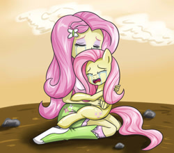 Size: 2952x2598 | Tagged: safe, artist:sumin6301, fluttershy, equestria girls, boots, clothes, crying, duality, eyes closed, hug, human ponidox, open mouth, sad, self ponidox, sitting, skirt, socks, solo, square crossover, tanktop, teary eyes