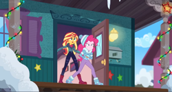 Size: 1600x866 | Tagged: safe, screencap, pinkie pie, sunset shimmer, better together, equestria girls, holidays unwrapped, boots, christmas, christmas lights, clothes, coat, column, door, holiday, house, jacket, lantern, mailbox, saving pinkie's pie, shoes, stars, toque, winter outfit