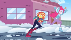 Size: 1600x900 | Tagged: safe, screencap, pinkie pie, sunset shimmer, better together, equestria girls, holidays unwrapped, female, house, jumping, ramekin, running, saving pinkie's pie, snow, souffle, window, winter