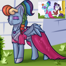 Size: 2000x2000 | Tagged: safe, artist:5oussn, derpibooru import, rainbow dash, rarity, pegasus, pony, unicorn, sparkle's seven, clothes, comparison, dress, eyes closed, female, mare, megaradash, rainbow dash always dresses in style, solo, spread wings, wings