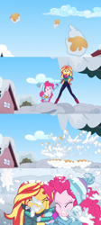 Size: 1598x3556 | Tagged: safe, edit, edited screencap, screencap, pinkie pie, sunset shimmer, better together, equestria girls, holidays unwrapped, apple juice, attack, comic, holding hands, house, hug, incoming, juice, rescue, screencap comic, sky, snow, snowball, snowball fight, splash, taking cover, winter