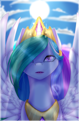 Size: 1464x2232 | Tagged: safe, artist:midfire, princess celestia, alicorn, pony, cloud, crown, jewelry, looking at you, regalia, sky, solo, spread wings, sun