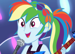 Size: 1511x1080 | Tagged: safe, derpibooru import, screencap, rainbow dash, better together, equestria girls, spring breakdown, all good (song), cropped, electric guitar, female, guitar, microphone, musical instrument, singing, sleeveless, smiling, solo