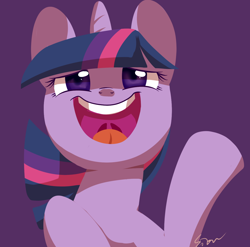 Size: 1332x1315 | Tagged: safe, artist:sion, derpibooru import, twilight sparkle, cute, explicit source, faic, pixiv, purple background, simple background, smile and wave, solo, twiabetes