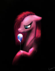 Size: 670x874 | Tagged: safe, artist:blackcosmogirl, pinkie pie, earth pony, pony, balloon, pinkamena diane pie, sad, solo