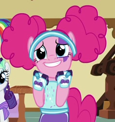 Size: 626x659 | Tagged: safe, derpibooru import, screencap, pinkie pie, rainbow dash, rarity, earth pony, pegasus, pony, unicorn, scare master, clothes, costume, cropped, cute, diapinkes, nightmare night, nightmare night costume, pinkie puffs, roller skates, smiling, solo focus, sugarcube corner