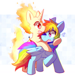 Size: 1280x1302 | Tagged: safe, artist:lupeylycan, derpibooru import, rainbow dash, twilight sparkle, unicorn twilight, pegasus, pony, unicorn, burning, duo, female, lesbian, pokémon, rapidash, rapidash twilight, shipping, sweat, tail on fire, twidash, wide eyes