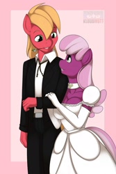 Size: 1020x1530 | Tagged: safe, artist:kloudmutt, big macintosh, cheerilee, anthro, cheerimac, clothes, dress, female, male, shipping, straight, wedding, wedding dress