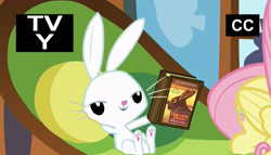 Size: 1224x700 | Tagged: safe, edit, edited screencap, screencap, angel bunny, fluttershy, pegasus, pony, the hooffields and mccolts, tv rating, watership down