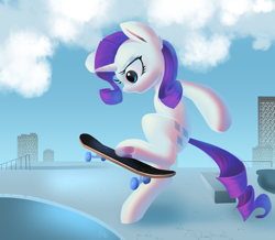 Size: 2700x2355 | Tagged: safe, artist:php69, rarity, pony, unicorn, building, cloud, female, mare, midair, skateboard, skateboarding, sky, solo, underhoof