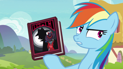 Size: 1280x720 | Tagged: safe, derpibooru import, screencap, rainbow dash, pegasus, pony, the end in friend, book, shadow spade