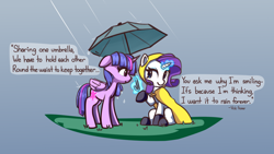 Size: 1920x1080 | Tagged: safe, artist:lilfunkman, rarity, twilight sparkle, twilight sparkle (alicorn), alicorn, pony, unicorn, boots, clothes, cute, female, glowing horn, gradient background, grass, lesbian, looking at each other, magic, mare, quote, rain, rain boots, raincoat, raised hoof, rarilight, shipping, shoes, sitting, telekinesis, umbrella