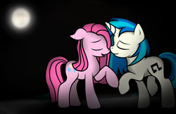 Size: 1580x1024 | Tagged: safe, artist:pinkamenascratch, dj pon-3, pinkie pie, vinyl scratch, earth pony, pony, unicorn, female, lesbian, shipping, vinylpie