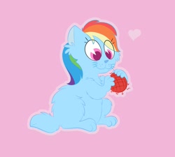 Size: 1200x1080 | Tagged: safe, artist:amethystcutey, derpibooru import, rainbow dash, cat, catified, chest fluff, cute, dashabetes, ear fluff, heart, leg fluff, pacman eyes, pink background, rainbow cat, simple background, sitting, smiling, solo, species swap, yarn, yarn ball