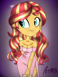 Size: 1536x2048 | Tagged: safe, artist:artmlpk, sunset shimmer, equestria girls, bare shoulders, clothes, cute, design, dress, fashion, party dress, purse, shimmerbetes, solo