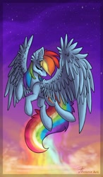 Size: 1024x1758 | Tagged: safe, artist:silverraven2018, derpibooru import, rainbow dash, pegasus, pony, cloud, ear fluff, eyes closed, female, flying, mare, sky, solo, spread wings, stars, wing fluff, wings