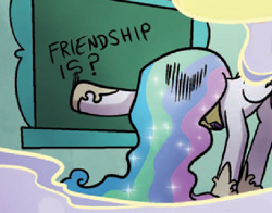 Size: 376x295 | Tagged: safe, idw, princess celestia, alicorn, pony, spoiler:comic, chalkboard, comic, reaction image, solo