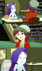 Size: 1920x3240 | Tagged: safe, screencap, normal norman, rarity, epic fails (equestria girls), eqg summertime shorts, equestria girls, book, food, library, sandwich, smiling, spinach