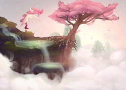 Size: 2480x1772 | Tagged: safe, artist:petrinox, fluttershy, pegasus, pony, cliff, scenery, solo, tree, waterfall