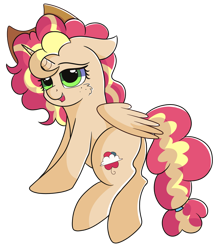 Size: 838x953 | Tagged: safe, artist:rainbowtashie, applejack, pinkie pie, rainbow dash, sunset shimmer, oc, oc:queen motherly morning, alicorn, pony, alicorn oc, bedroom eyes, commissioner:bigonionbean, cowboy hat, cute, female, freckles, fusion, fusion:queen motherly morning, hair braid, hat, mare, race swap, sultry pose