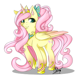 Size: 1000x998 | Tagged: safe, artist:pillonchou, fluttershy, alicorn, pony, :3, alicorn princess, alicornified, alternate hairstyle, art, element of kindness, fluttercorn, large wings, princess, race swap, raised hoof, signature, simple background, solo, transparent background