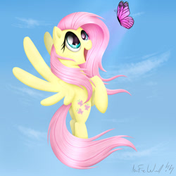 Size: 1024x1022 | Tagged: safe, artist:musicfirewind, fluttershy, butterfly, pegasus, pony, flying, happy, smiling, solo, windswept mane