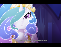 Size: 944x736 | Tagged: safe, artist:gamblingfoxinahat, princess celestia, alicorn, pony, princess twilight sparkle (episode), castle of the royal pony sisters, frown, hair over one eye, scene interpretation, solo, stoic, text