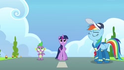 Size: 1920x1080 | Tagged: safe, derpibooru import, screencap, rainbow dash, spike, twilight sparkle, twilight sparkle (alicorn), alicorn, dragon, pegasus, pony, the last problem, clothes, uniform, winged spike, wonderbolts headquarters, wonderbolts uniform