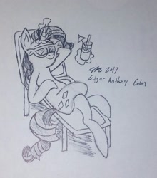 Size: 1268x1440 | Tagged: safe, artist:derpanater, rarity, pony, unicorn, 30 minute art challenge, drink, lounge chair, lounging, magic, relaxing, solo, sunglasses, traditional art