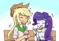 Size: 4960x3507 | Tagged: safe, artist:ayachiichan, applejack, rarity, equestria girls, cup, female, ice cream, lesbian, rarijack, shipping