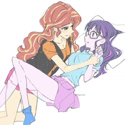 Size: 1464x1468 | Tagged: safe, artist:5mmumm5, sci-twi, sunset shimmer, twilight sparkle, equestria girls, anime, belly button, blushing, clothes, female, glasses, holding wrists, jacket, leather jacket, legs, lesbian, looking at each other, lying on bed, midriff, miniskirt, pleated skirt, scitwishimmer, shipping, skirt, skirt lift, socks, sunsetsparkle, thighs
