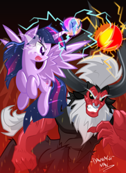 Size: 1500x2059 | Tagged: safe, artist:danmakuman, derpibooru import, lord tirek, twilight sparkle, twilight sparkle (alicorn), alicorn, pony, female, flying, looking at each other, mare, open mouth, super saiyan princess, twilight vs tirek, vein