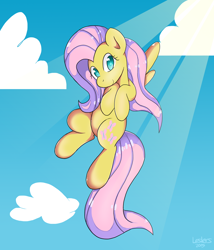 Size: 900x1050 | Tagged: safe, artist:leslers, fluttershy, pegasus, pony, cloud, crepuscular rays, flying, looking at you, solo